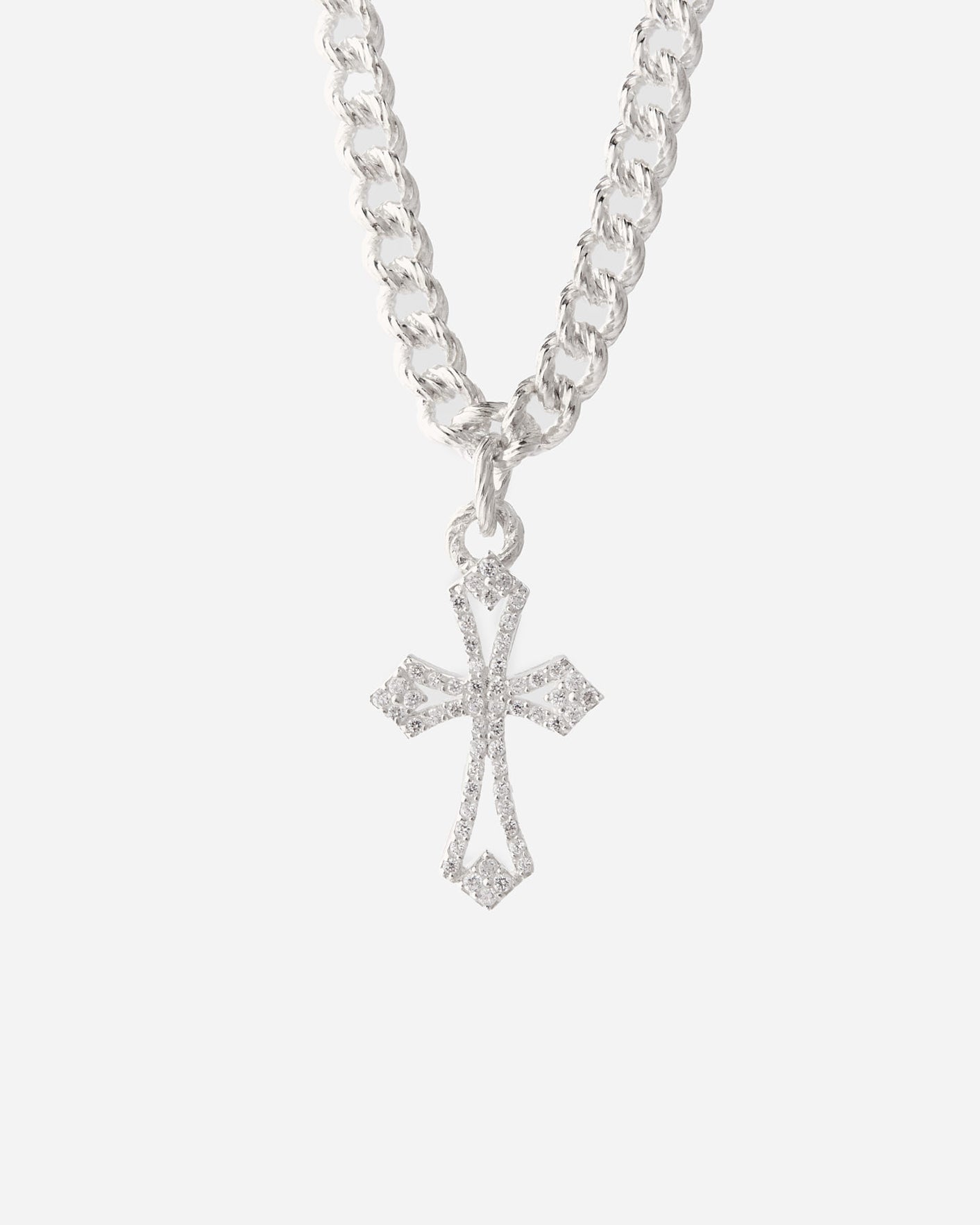 Bold Flat Chain Necklace with Gemstone Cross Pendant - 925k Sterling Silver