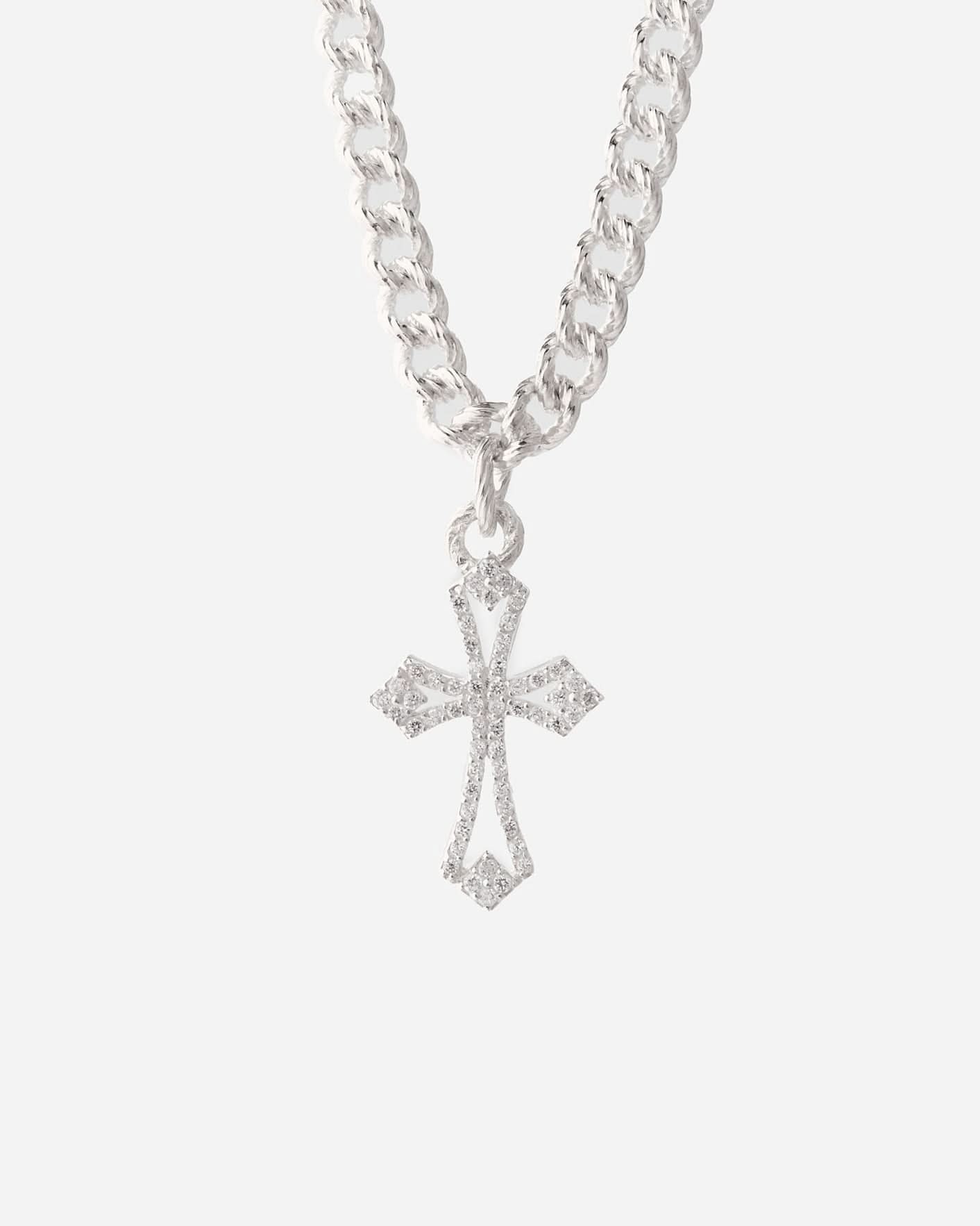 Bold Flat Chain Necklace with Gemstone Cross Pendant - 925k Sterling Silver