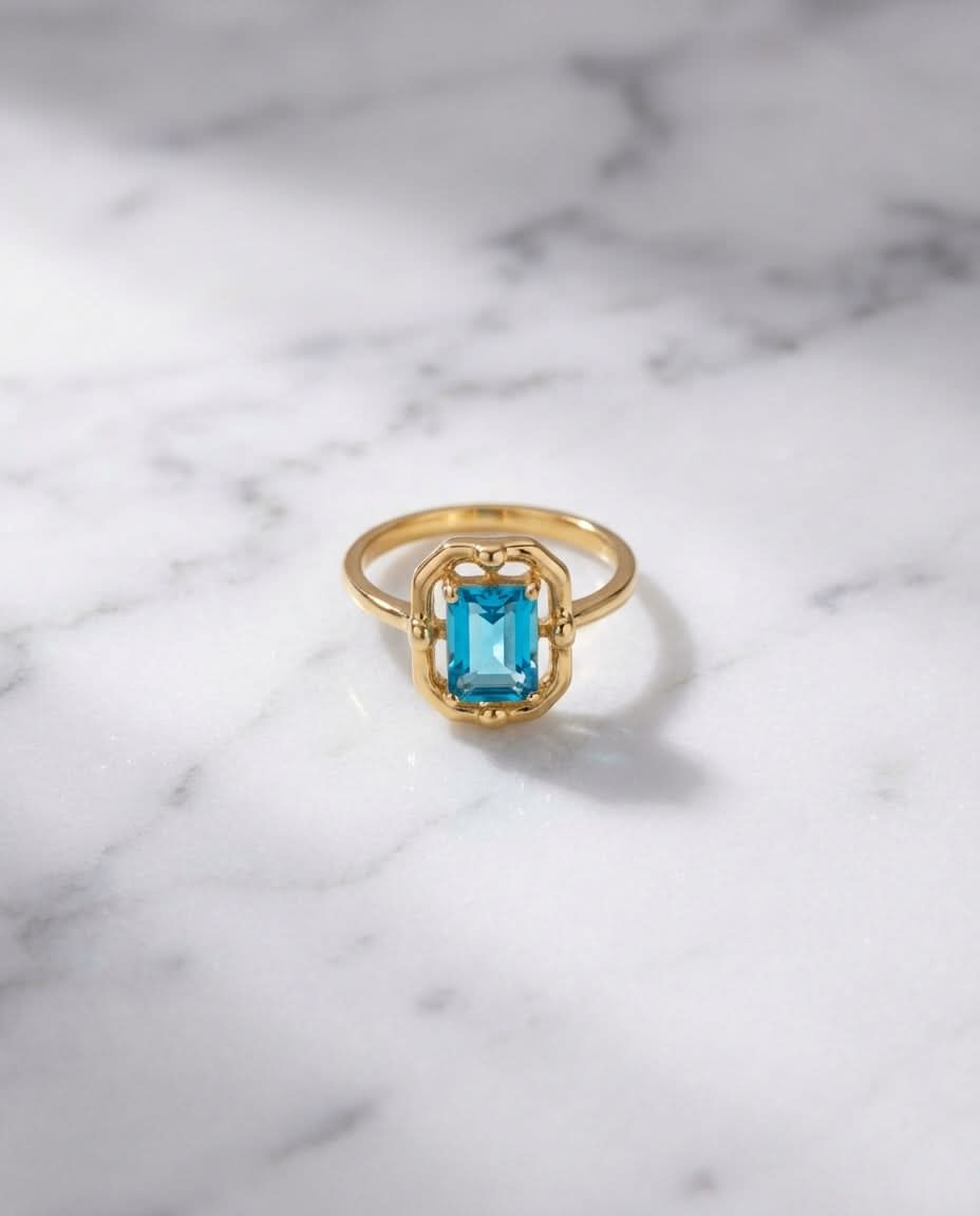 Vintage Gold Ring with Emerald Cut Blue Topaz