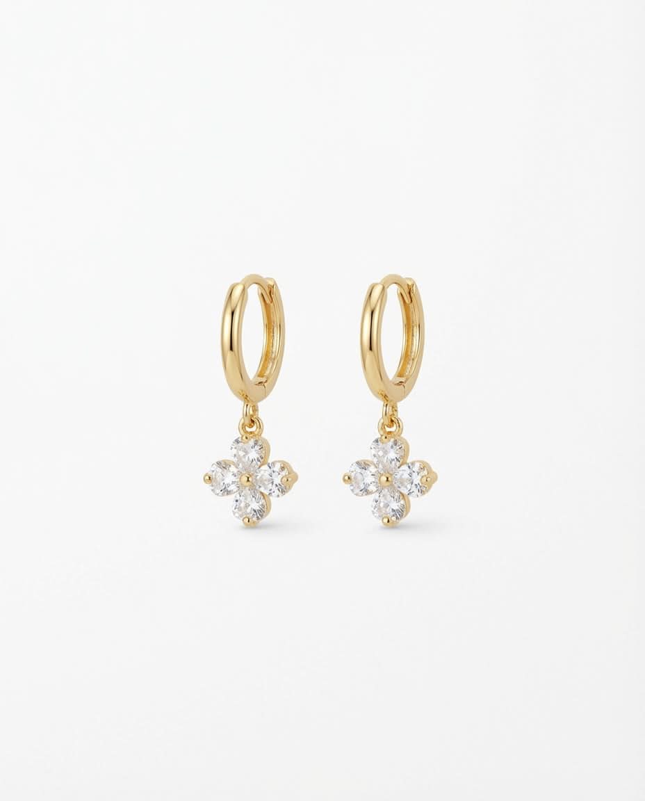 Crystal Clover Charm Gold Huggie Hoop Earring