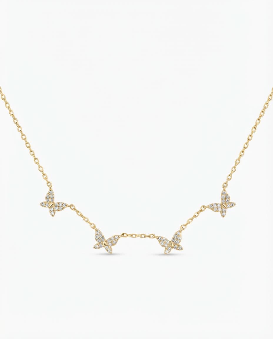 Dainty Pavé Diamond Butterfly Station Necklace in Gold