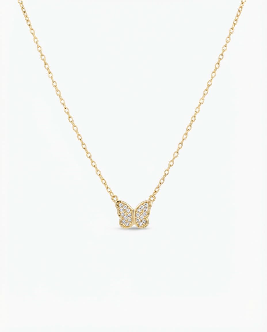 Dainty Gold Butterfly Necklace with Pave Diamonds