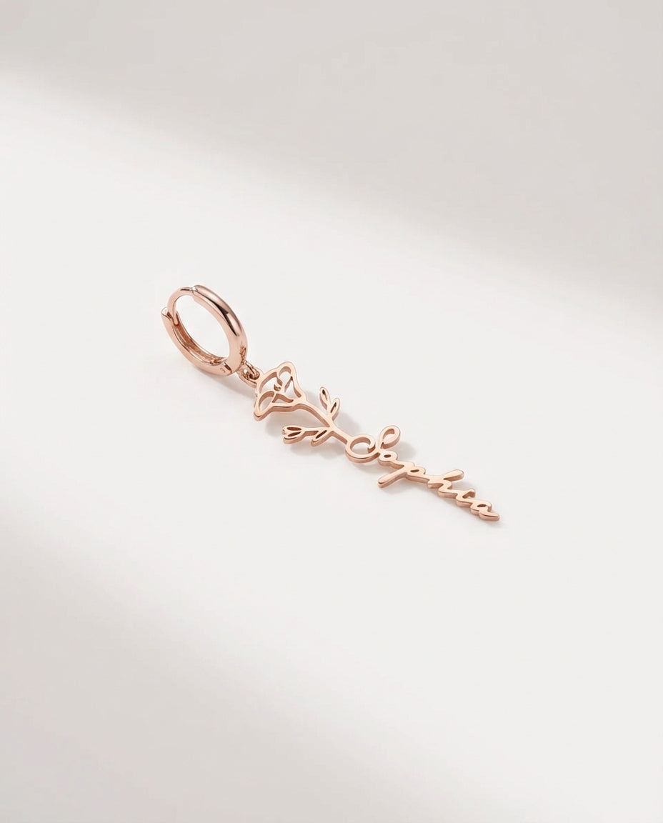 Custom Name Rose Earrings, Personalized Gold Flower Dangle Earrings