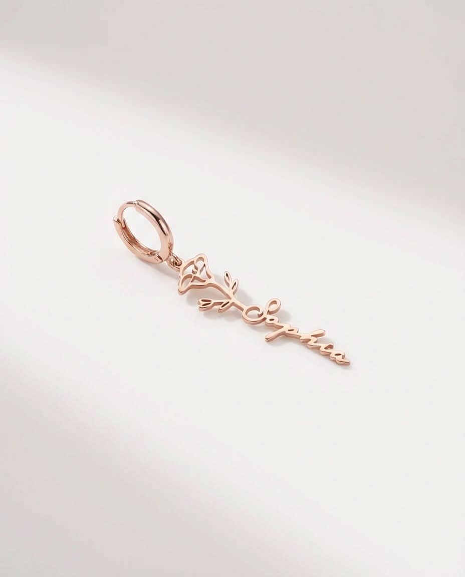 Custom Name Rose Earrings, Personalized Gold Flower Dangle Earrings
