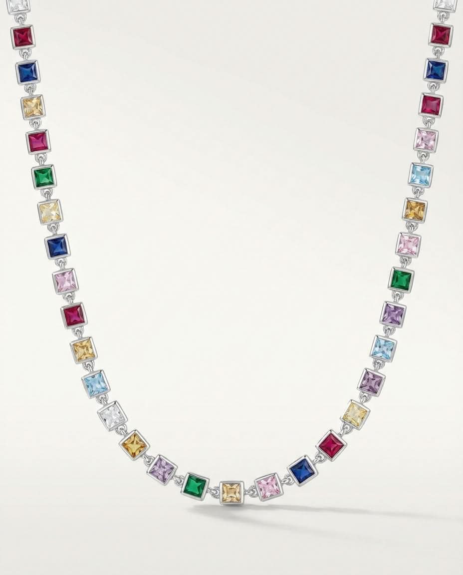 Vivid Rainbow Gemstone Gold Tennis Necklace