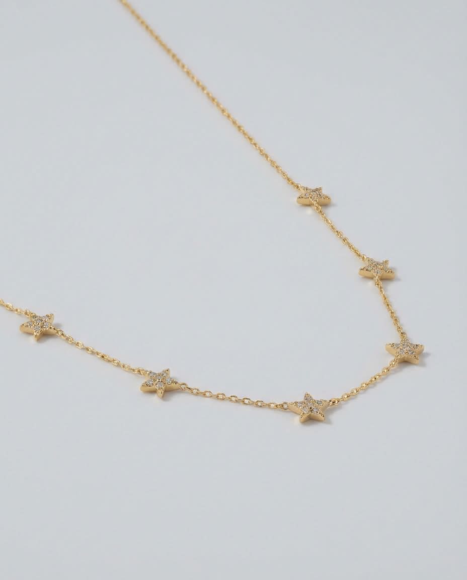 Star Necklace - Dainty Gold Chain with Crystal Stars - Gift for Her - 925k Sterling Silver