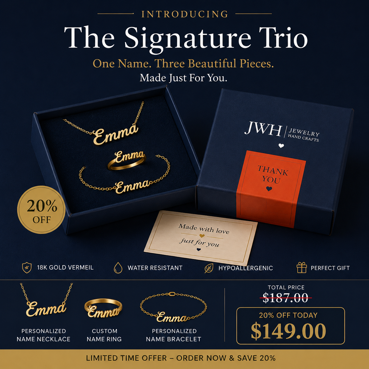 JWH The Signature Trio personalized necklace ring and bracelet set