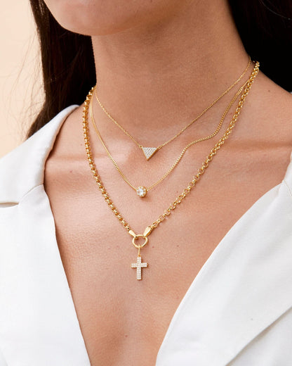 Elegant Cross Pendant & Geometric Charm Layered Necklace Set - Cross Jewelry