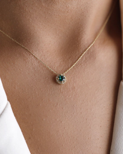 Silver Emerald Halo Necklace - Dainty Jewelry
