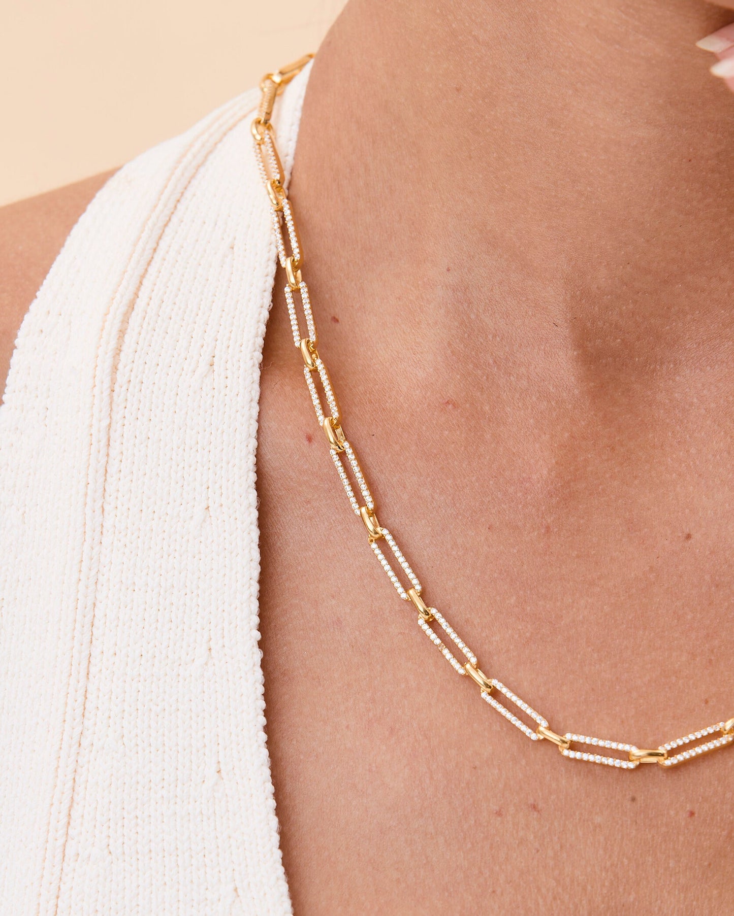 Pave Link Necklace, CZ Encrusted Rectangle Chain