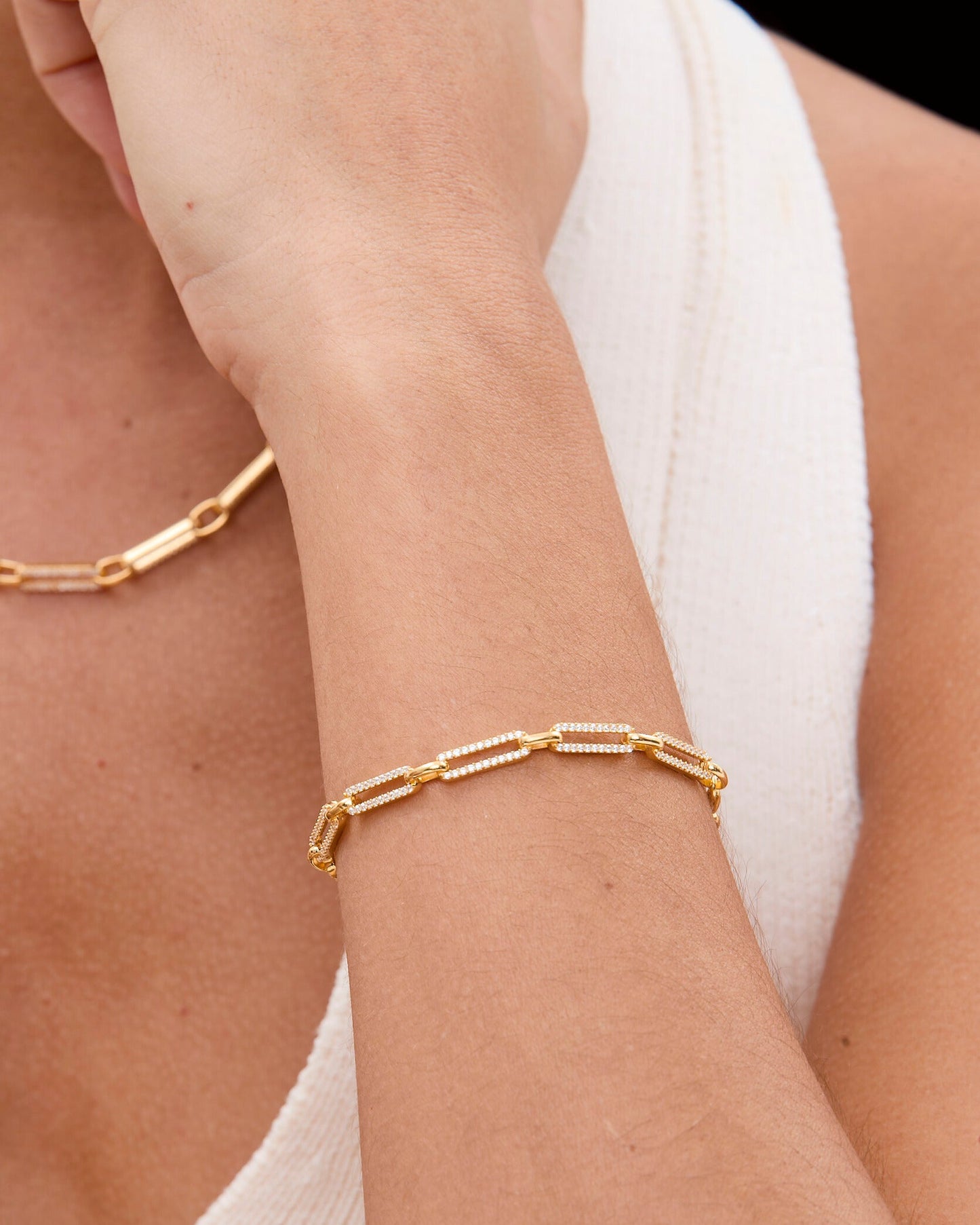 Paperclip Chain Rectangle Pave Link Bracelet - Elegant Jewelry