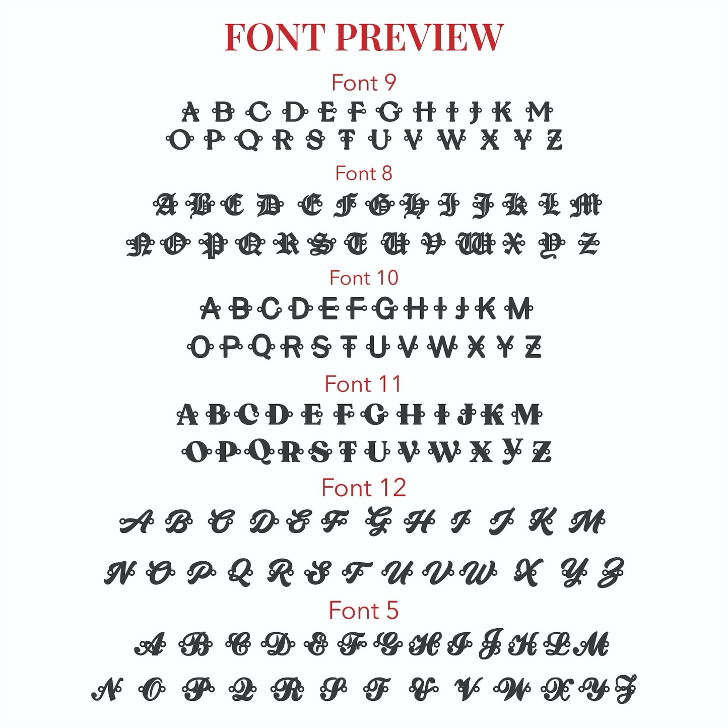 JWH font preview guide for Custom Initial Pearl Bracelet