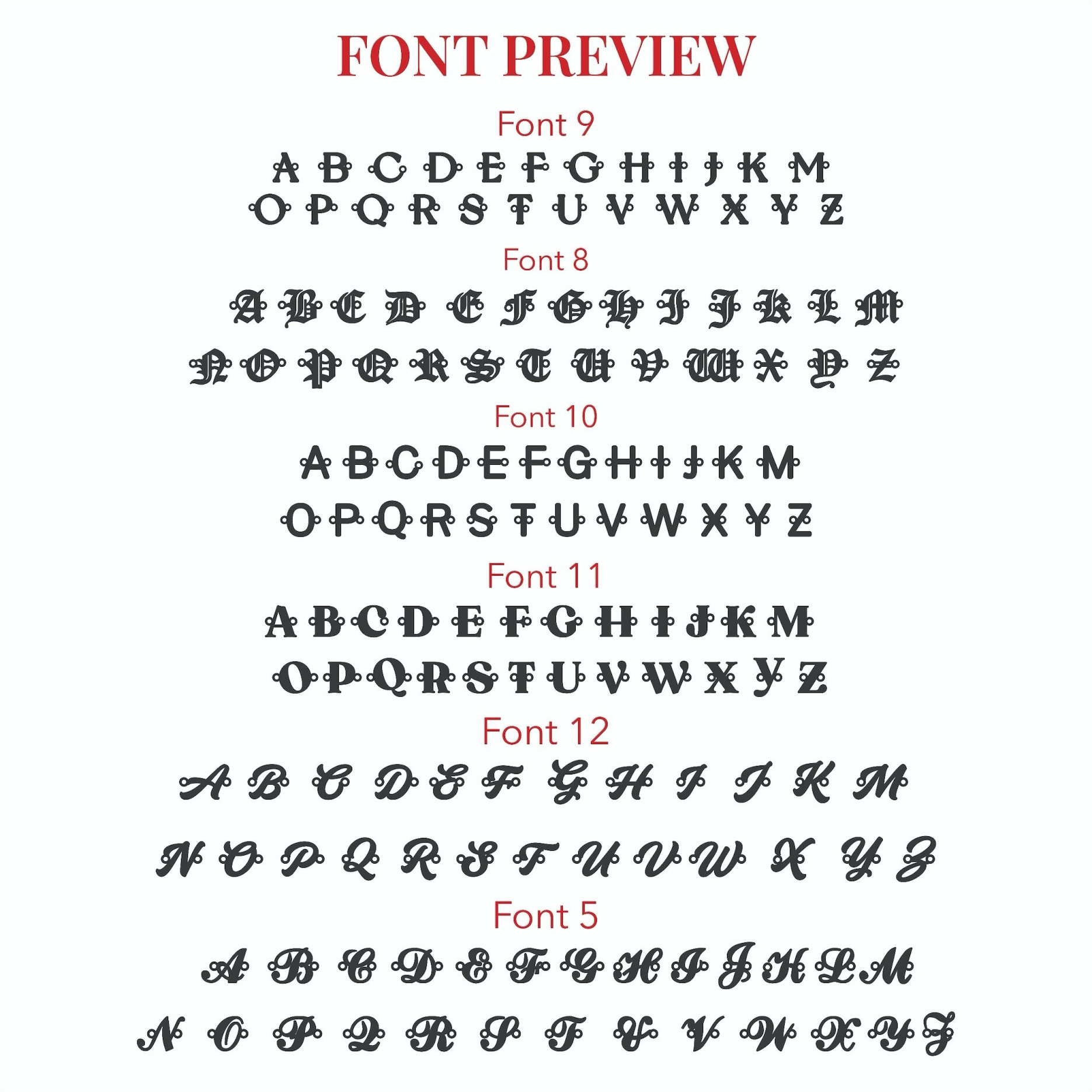 JWH font preview guide for Custom Initial Pearl Bracelet