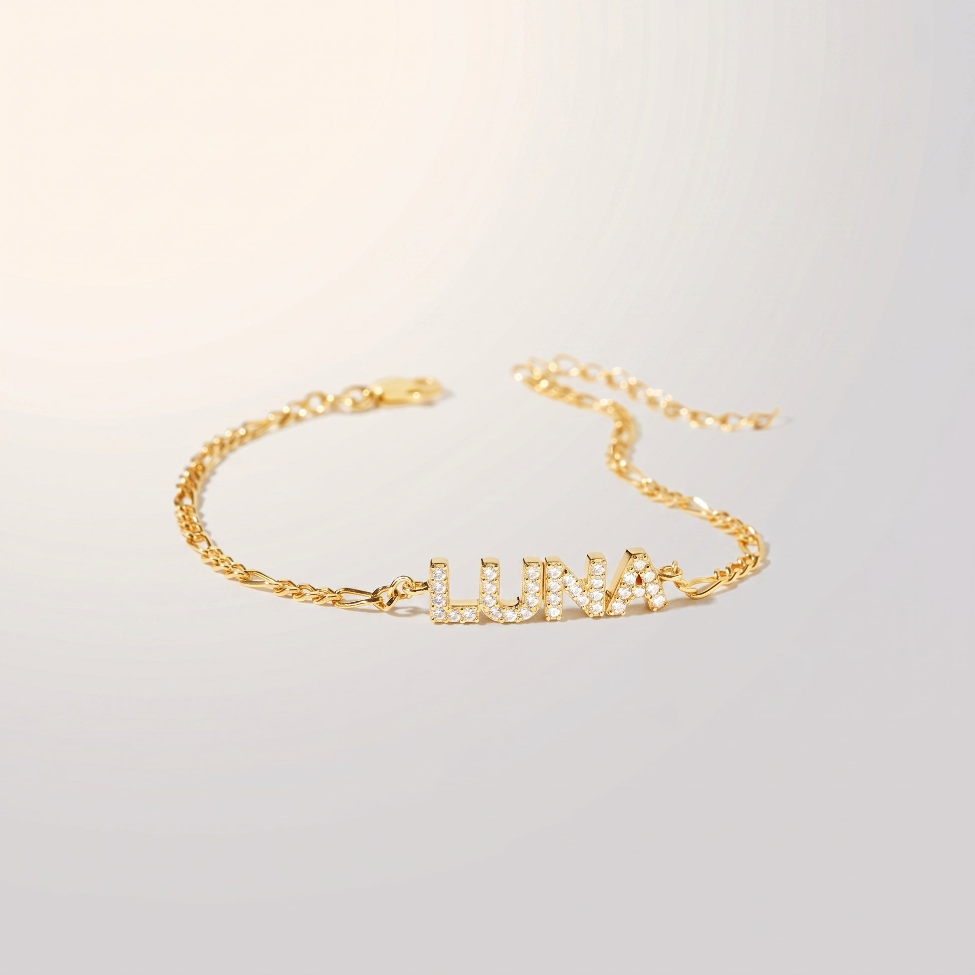 JWH CZ Pave Name Bracelet - Figaro Chain personalized jewelry