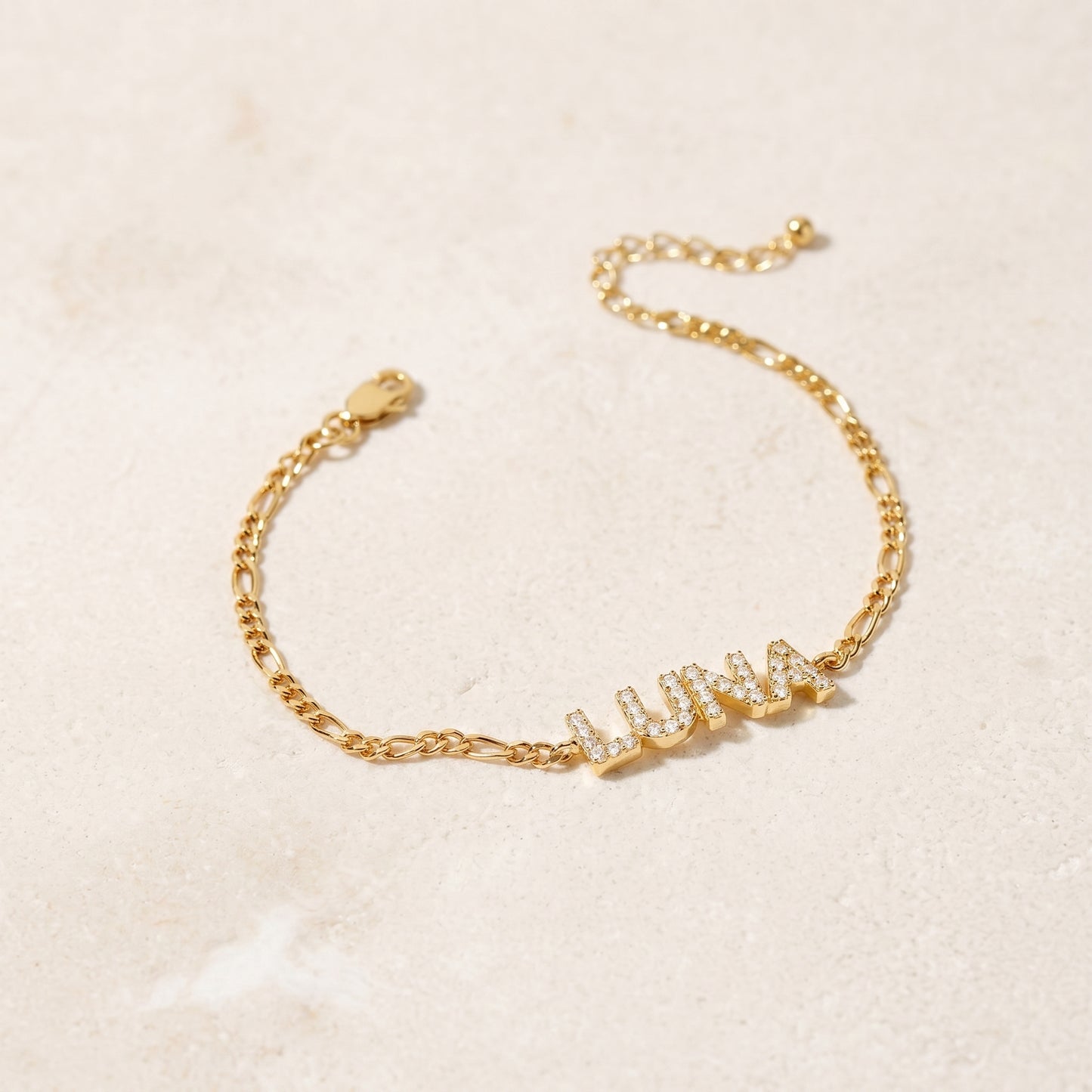 JWH CZ Pave Name Bracelet - Figaro Chain personalized jewelry