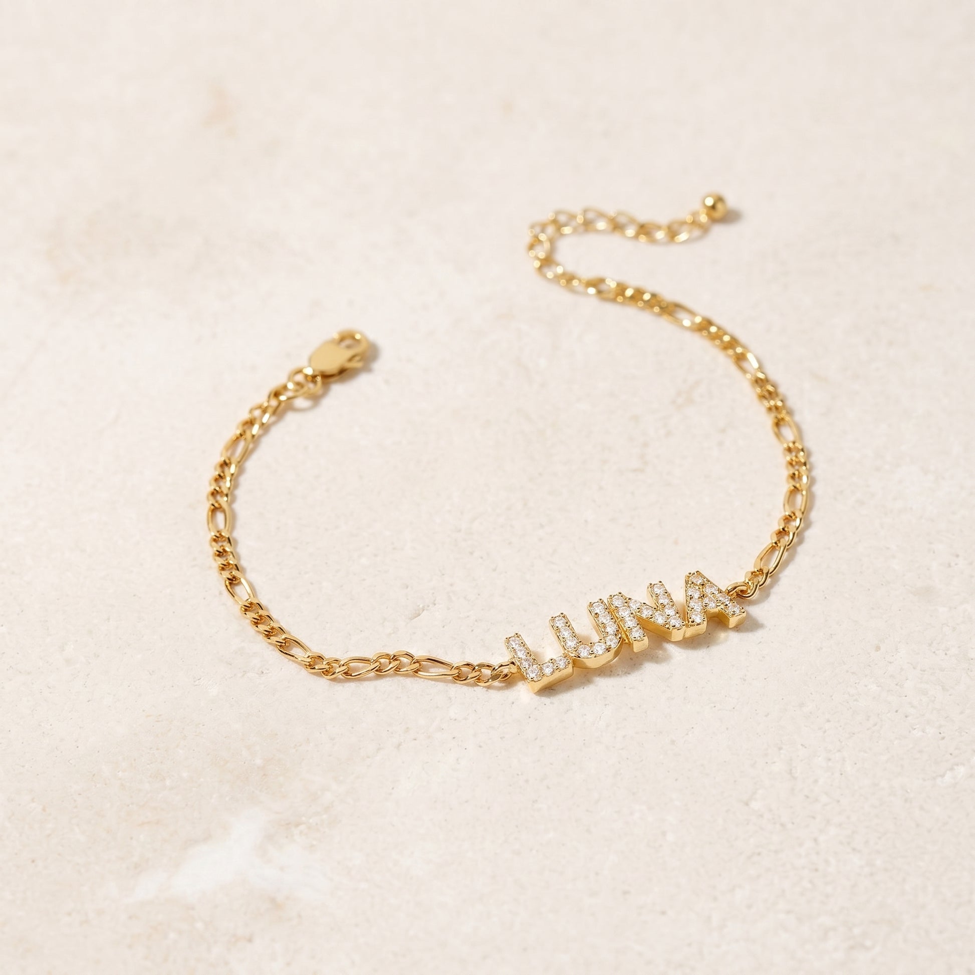 JWH CZ Pave Name Bracelet - Figaro Chain personalized jewelry