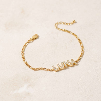 JWH CZ Pave Name Bracelet - Figaro Chain personalized jewelry