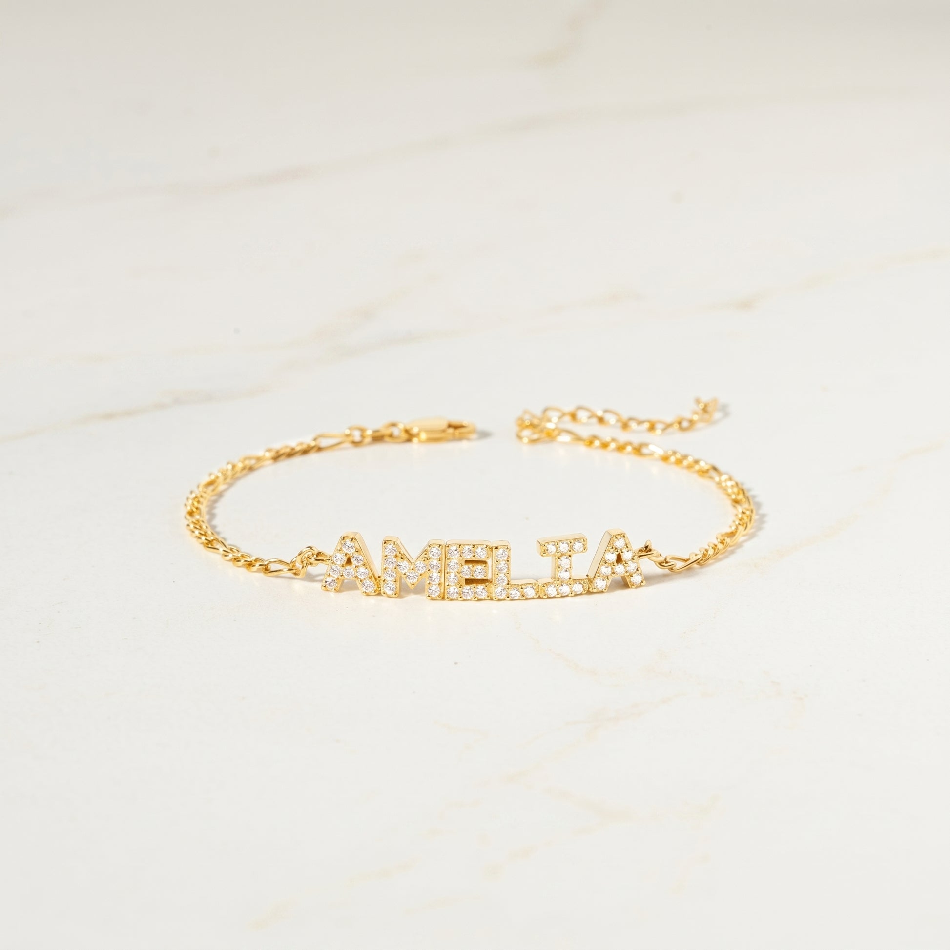 JWH CZ Pave Name Bracelet - Figaro Chain personalized jewelry
