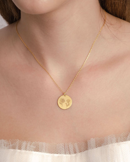 Birth Flower Necklace - Engraved Flower Pendant Jewelry - Meaningful Gift for Her - 925k Sterling Silver
