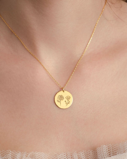 Birth Flower Necklace - Engraved Flower Pendant Jewelry - Meaningful Gift for Her - 925k Sterling Silver