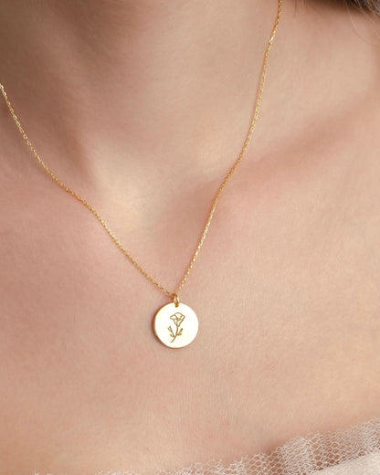 Birth Flower Necklace - Engraved Flower Pendant Jewelry - Meaningful Gift for Her - 925k Sterling Silver