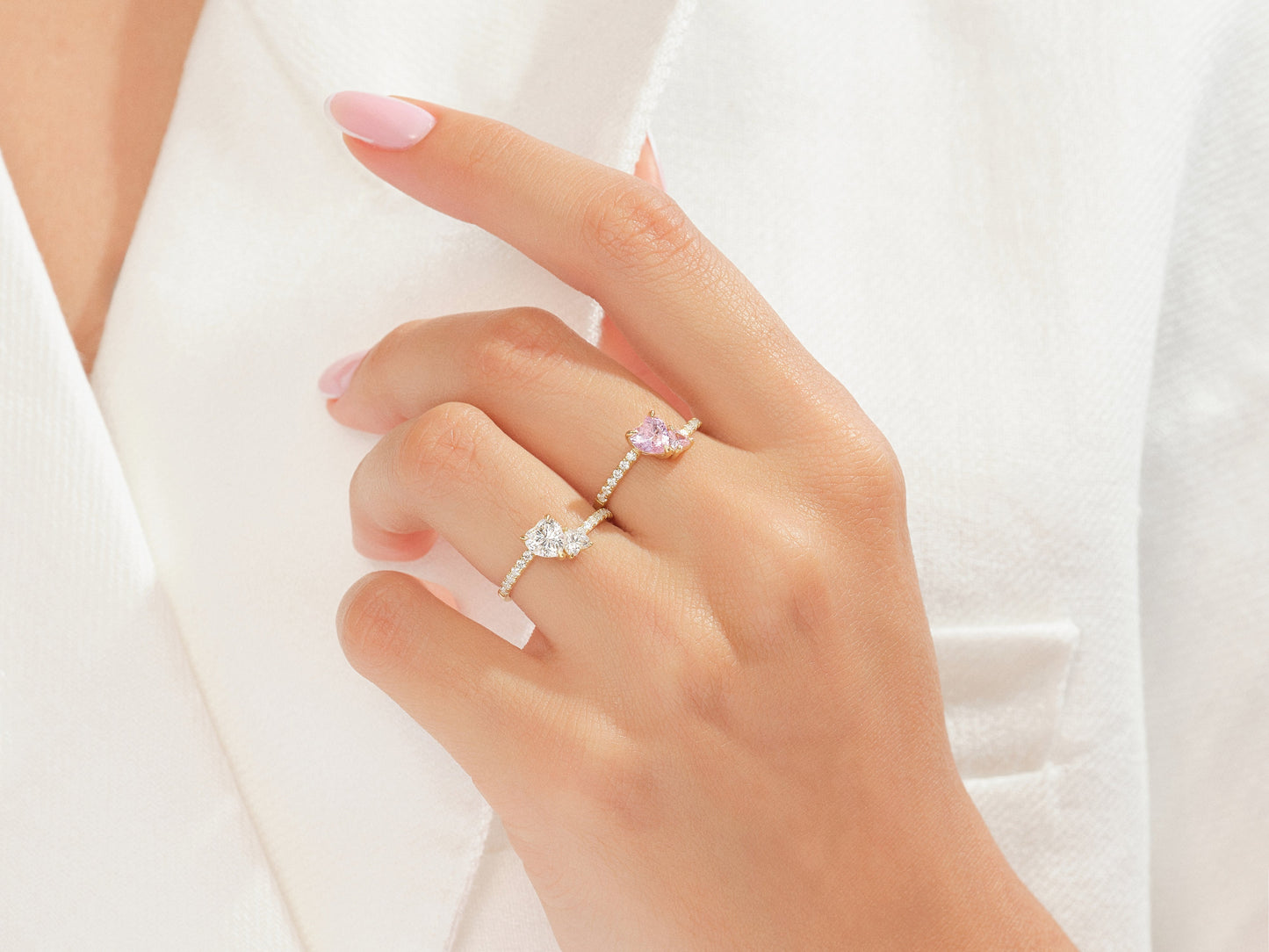 Double Heart Moissanite Promise Ring with Sidestones