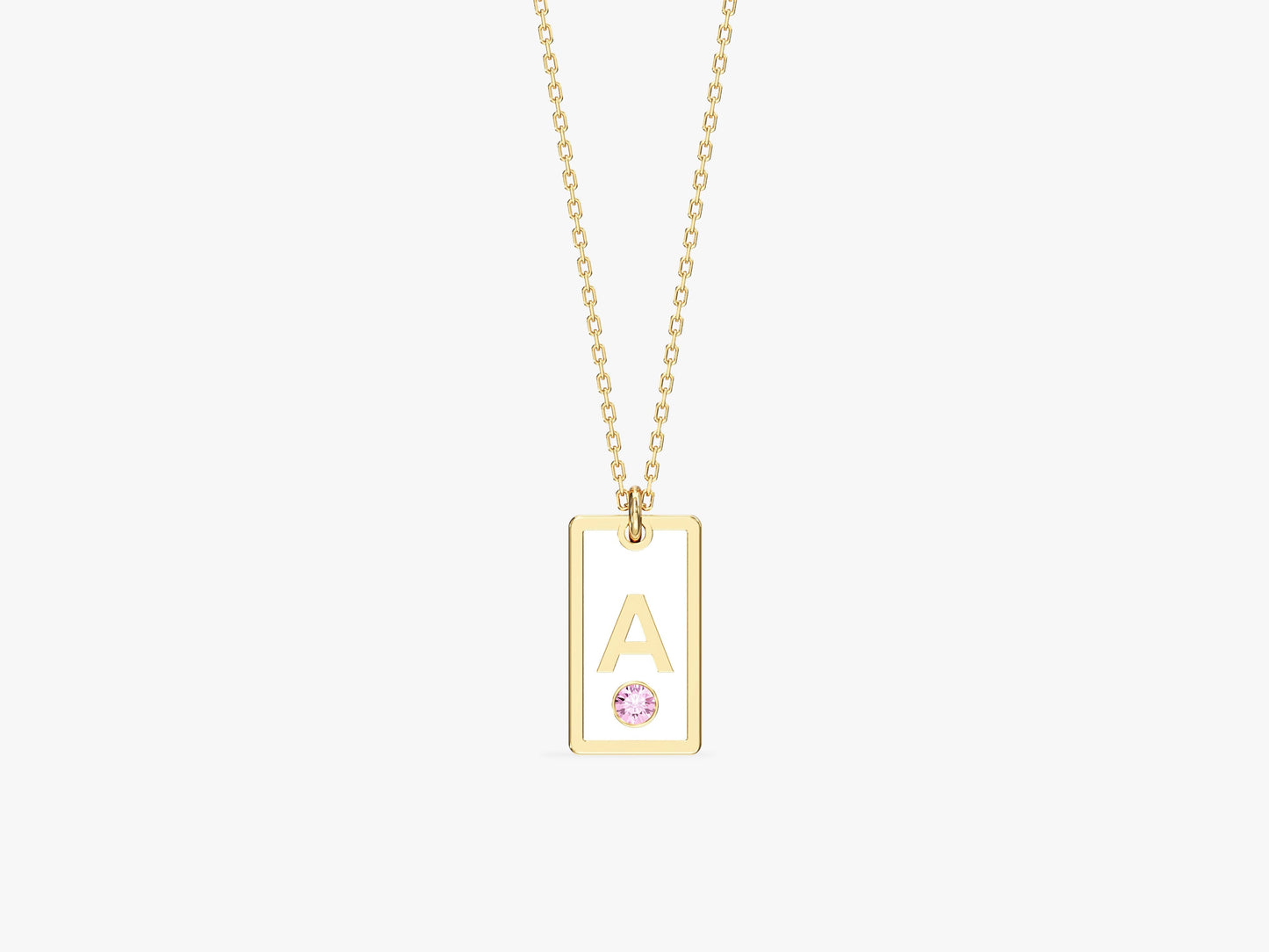 White Enamel Initial Necklace with Birthstone
