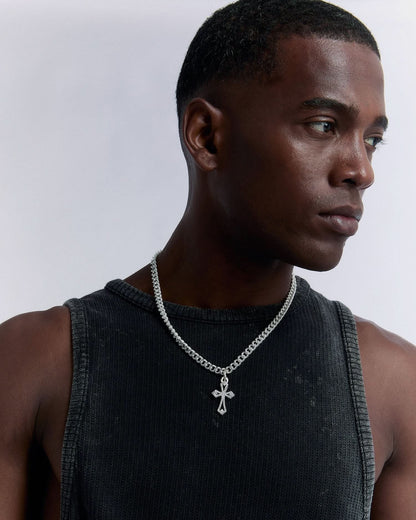 Bold Flat Chain Necklace with Gemstone Cross Pendant - 925k Sterling Silver