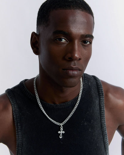 Bold Flat Chain Necklace with Gemstone Cross Pendant - 925k Sterling Silver