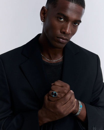 Men's Ring with Onyx Stone and Turquoise Detailing - 925k Sterling Silver