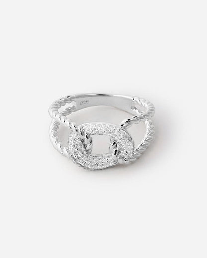 Gold Rope Chain Link Ring with Pavé Gemstone - Modern Jewelry
