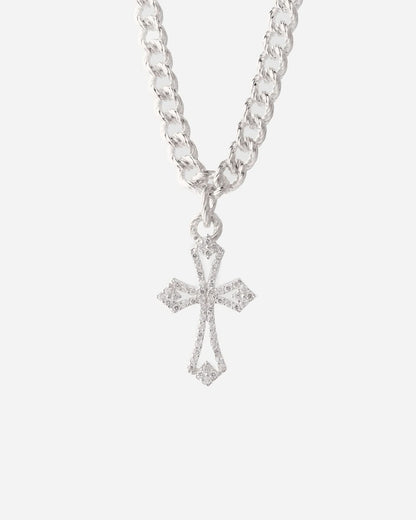 Bold Flat Chain Necklace with Gemstone Cross Pendant - 925k Sterling Silver