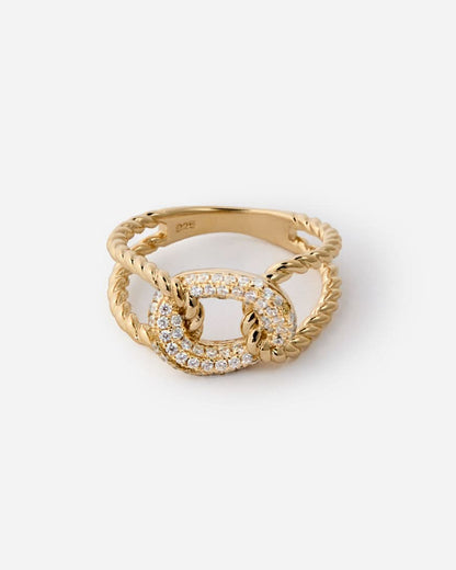 Gold Rope Chain Link Ring with Pavé Gemstone - Modern Jewelry