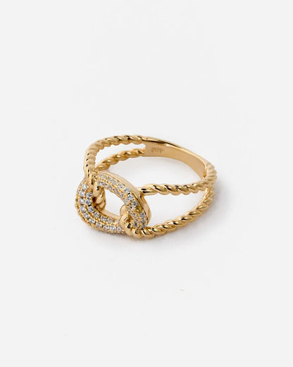 Gold Rope Chain Link Ring with Pavé Gemstone - Modern Jewelry