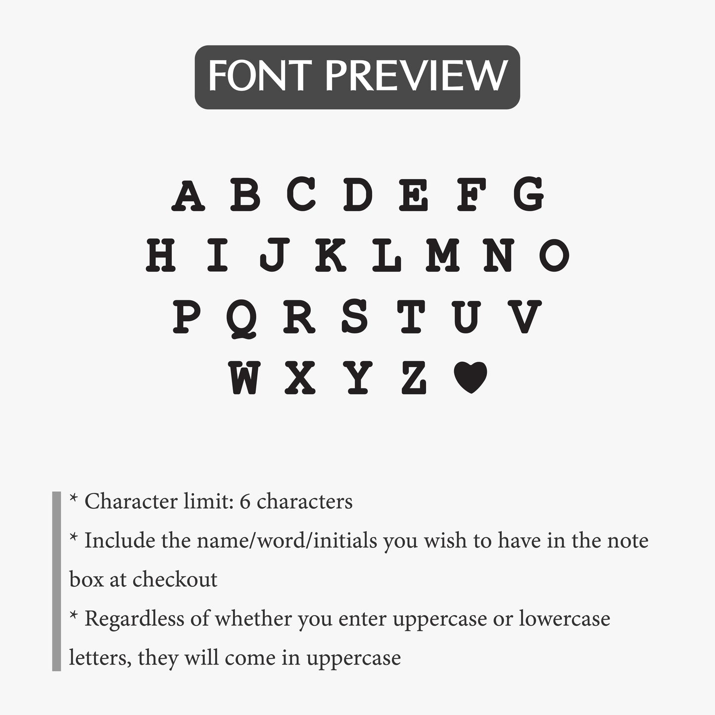JWH font preview guide for Spaced Letters Necklace