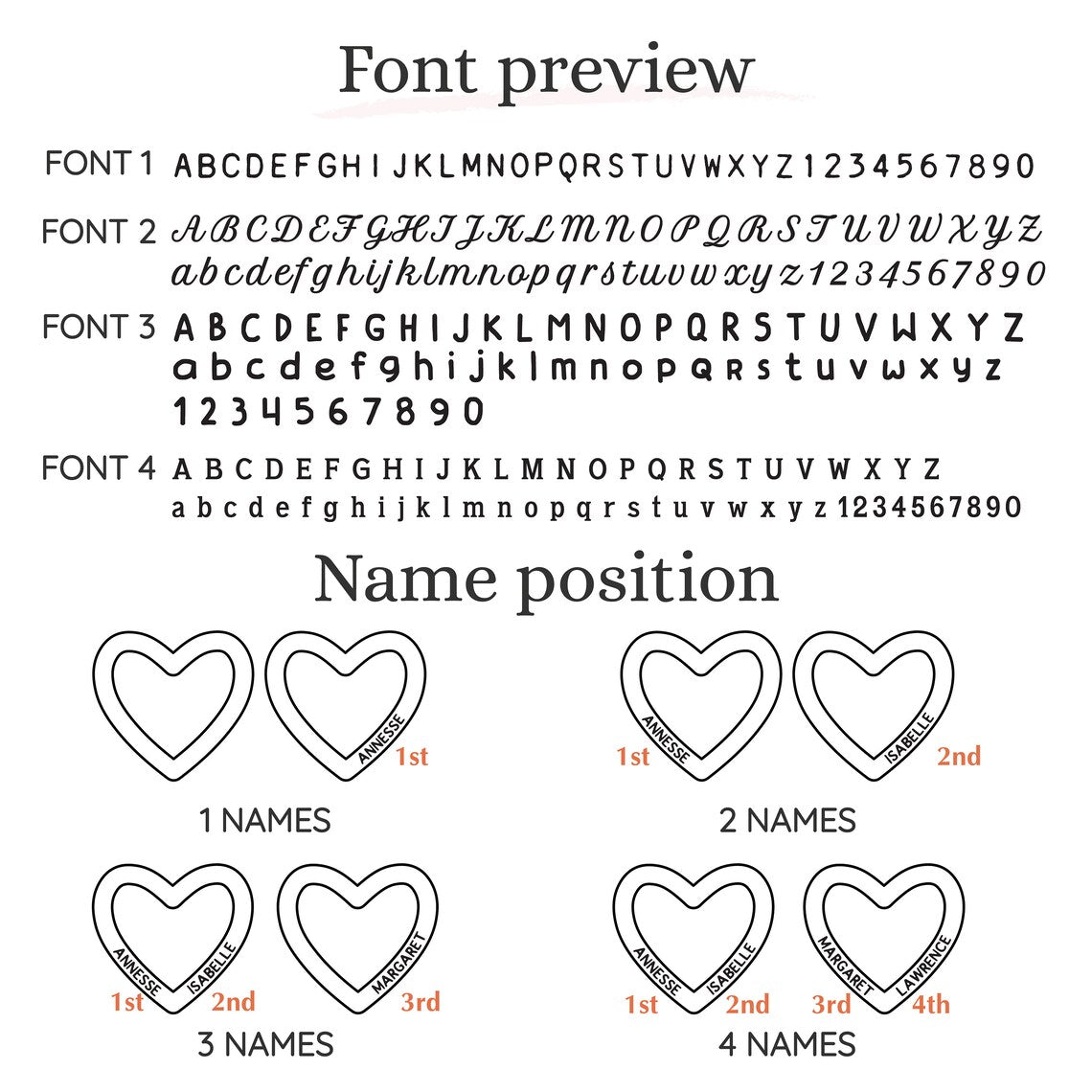 JWH font preview guide for Mother Heart Bracelet With Kids' Name