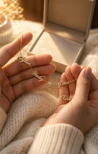 Custom multiple name necklace with four names in gold vermeil