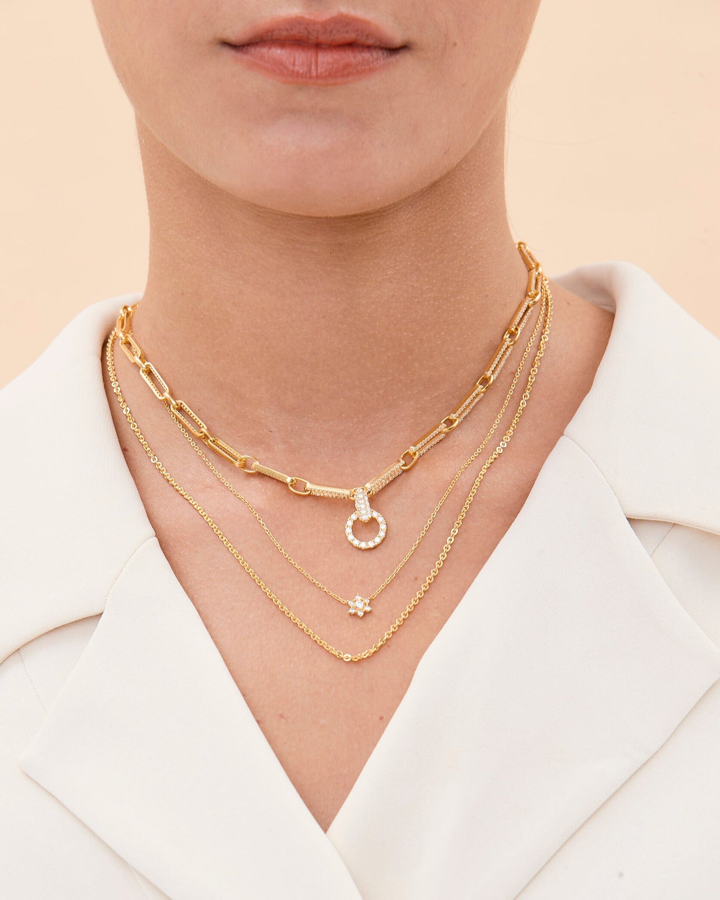 Layered Rectangle Pave Link & Toggle Necklace Set - Set Jewelry