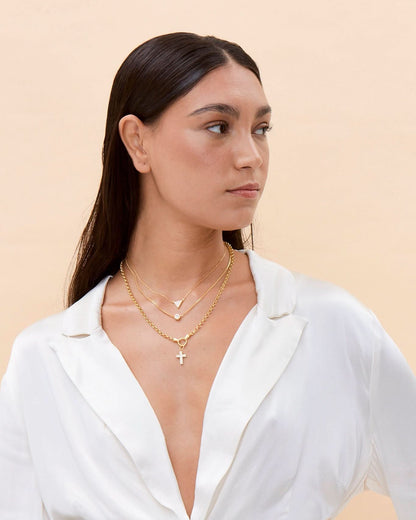 Elegant Cross Pendant & Geometric Charm Layered Necklace Set - Cross Jewelry