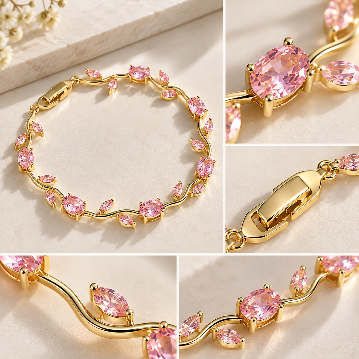 Dainty Rose Bracelet overview, pink stone and clasp details in the gold finish