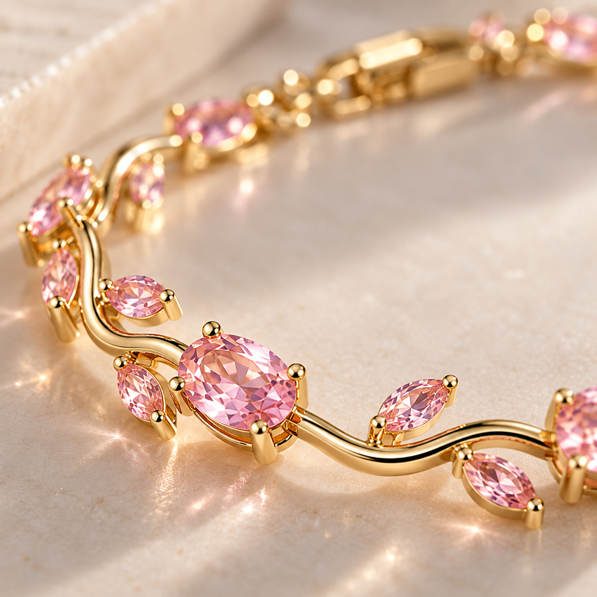 Close-up of the pink cubic zirconia stones and gold-finish links on the Dainty Rose Bracelet