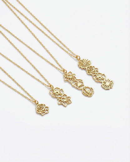 Vertical Gold Birth Flower Necklace | Personalized Floral Charm