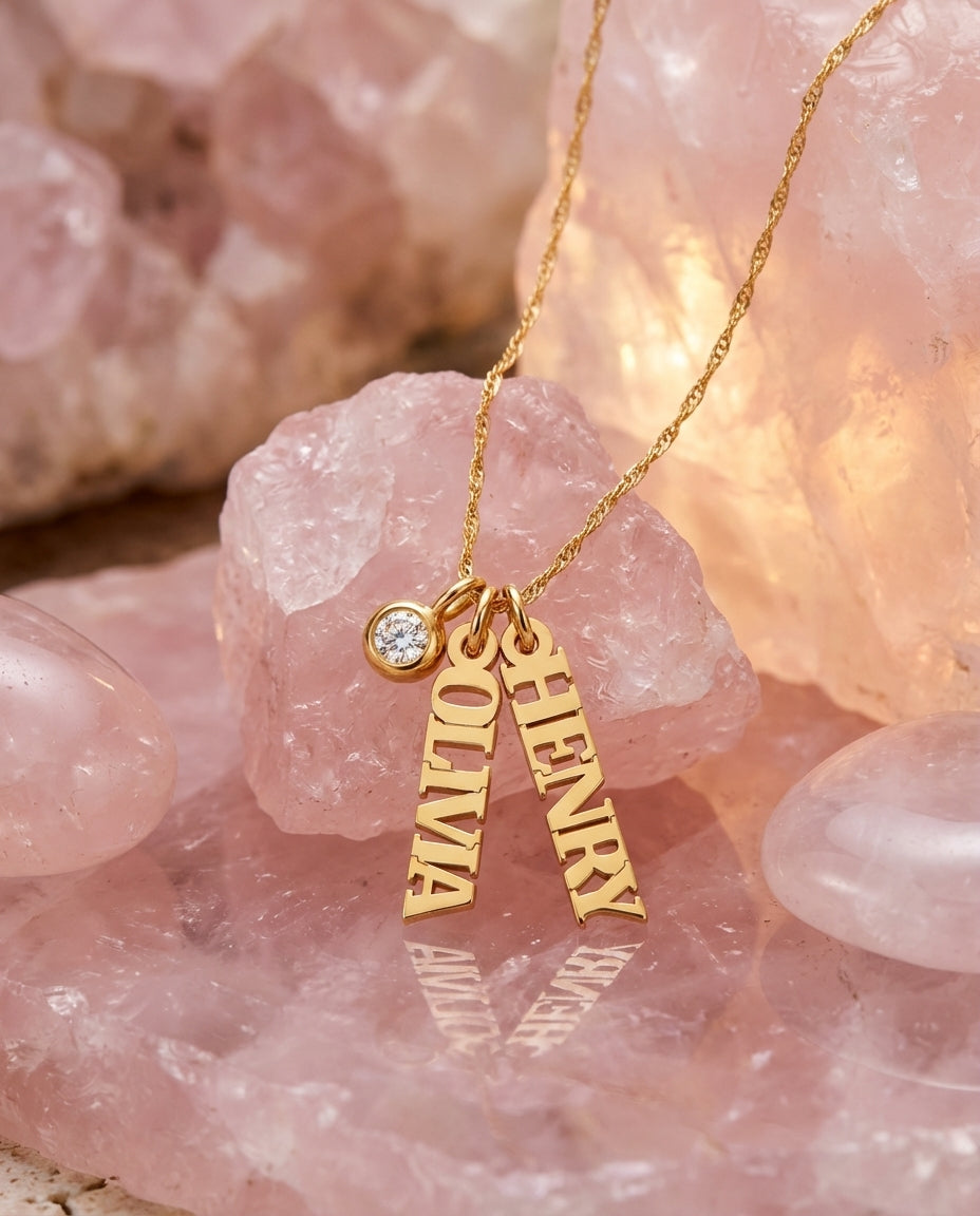 Personalized Vertical Name Necklace with Birthstone in Gold