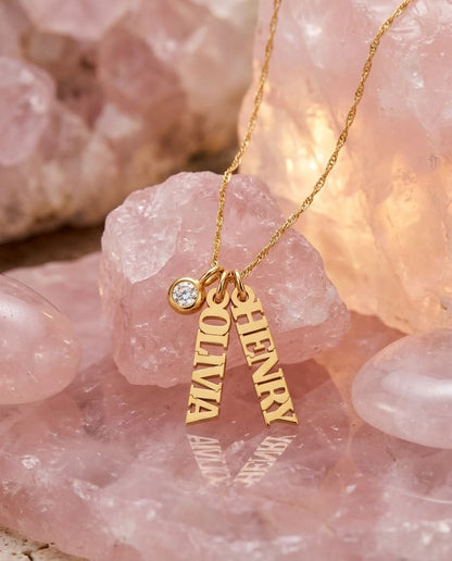 Personalized Vertical Name Necklace with Birthstone in Gold