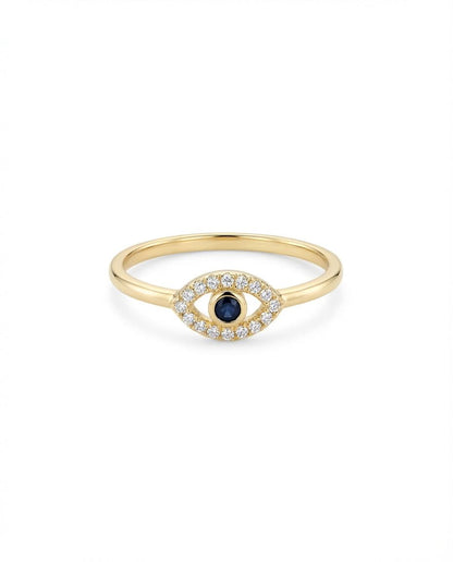 Dainty Gold Evil Eye Ring with Diamond & Sapphire