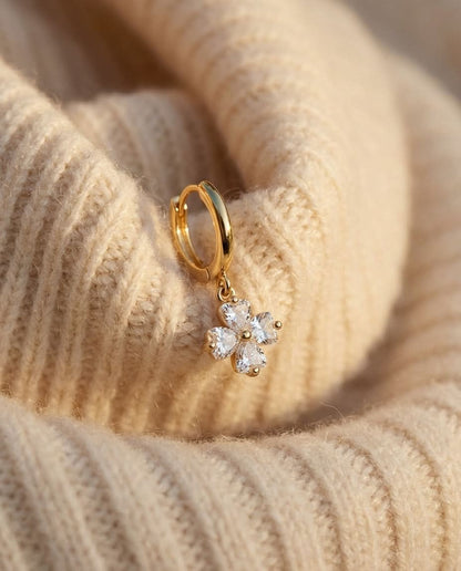 Crystal Clover Charm Gold Huggie Hoop Earring