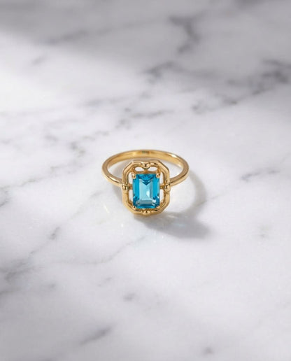 Vintage Gold Ring with Emerald Cut Blue Topaz