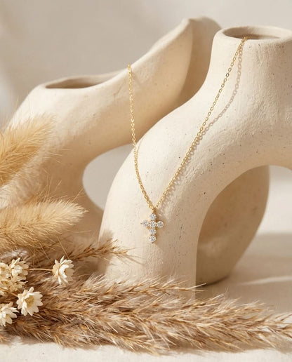 Dainty Pave Crystal Cross Necklace in Gold