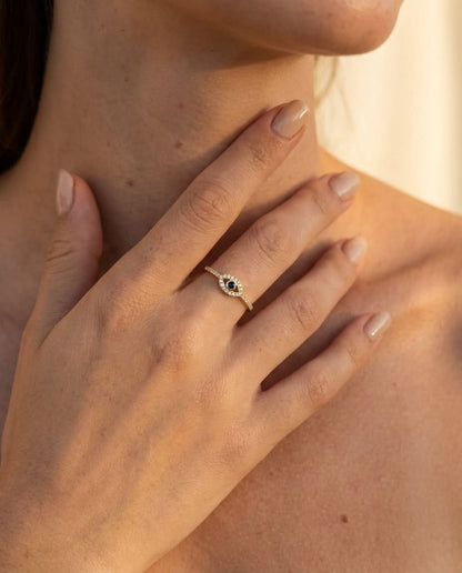 Dainty Gold Evil Eye Ring with Diamond & Sapphire