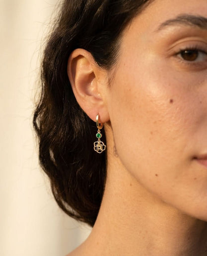 Gold Flower Dangle Hoop Earrings with Emerald Green Stone